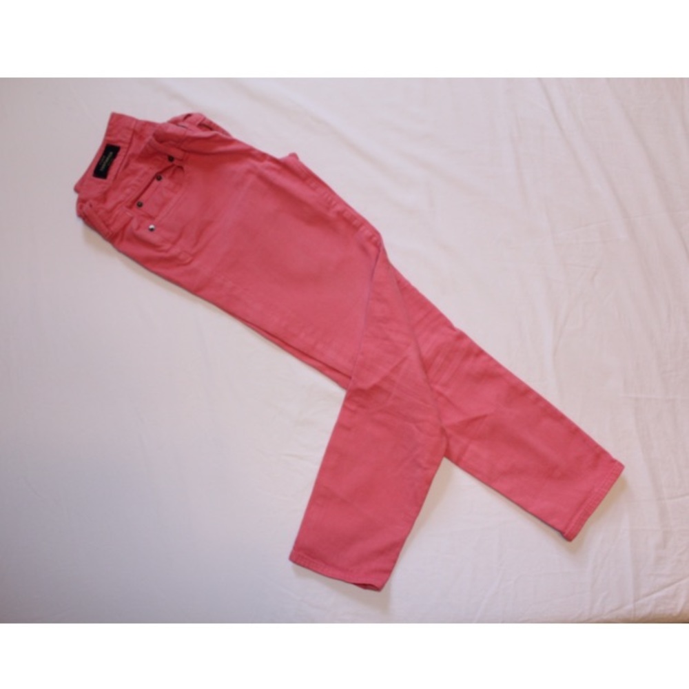 J Crew coral denim pants.  Toothpick ankle fit